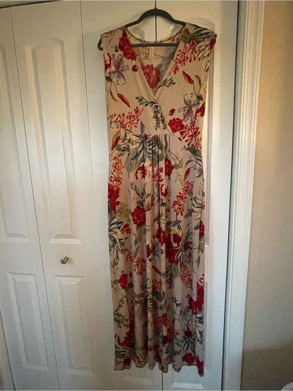 Lyss Loo Beige Maxi Dress with Red & Green Floral Print
